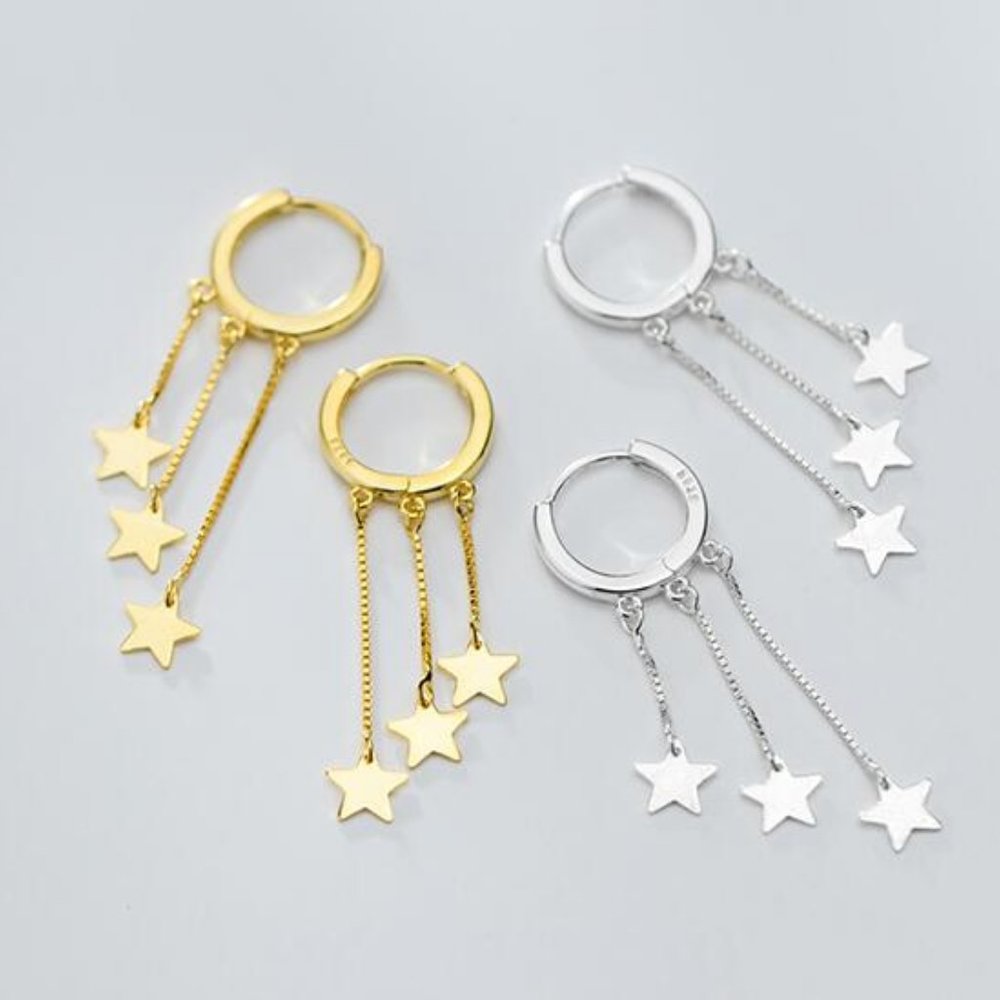 NEW Gold/Sterling Silver Star Tassel Hoop Earrings - Picture 3 of 5